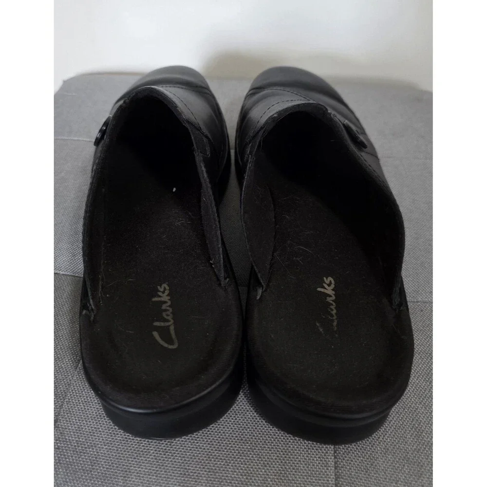 HtF AllYear Clark’s Black Leather Mules Slip On Clogs Wedge Heel Comfort Size 9M